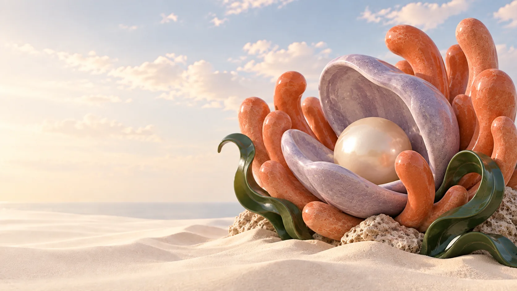 A lavender reef shelters a luminous pearl